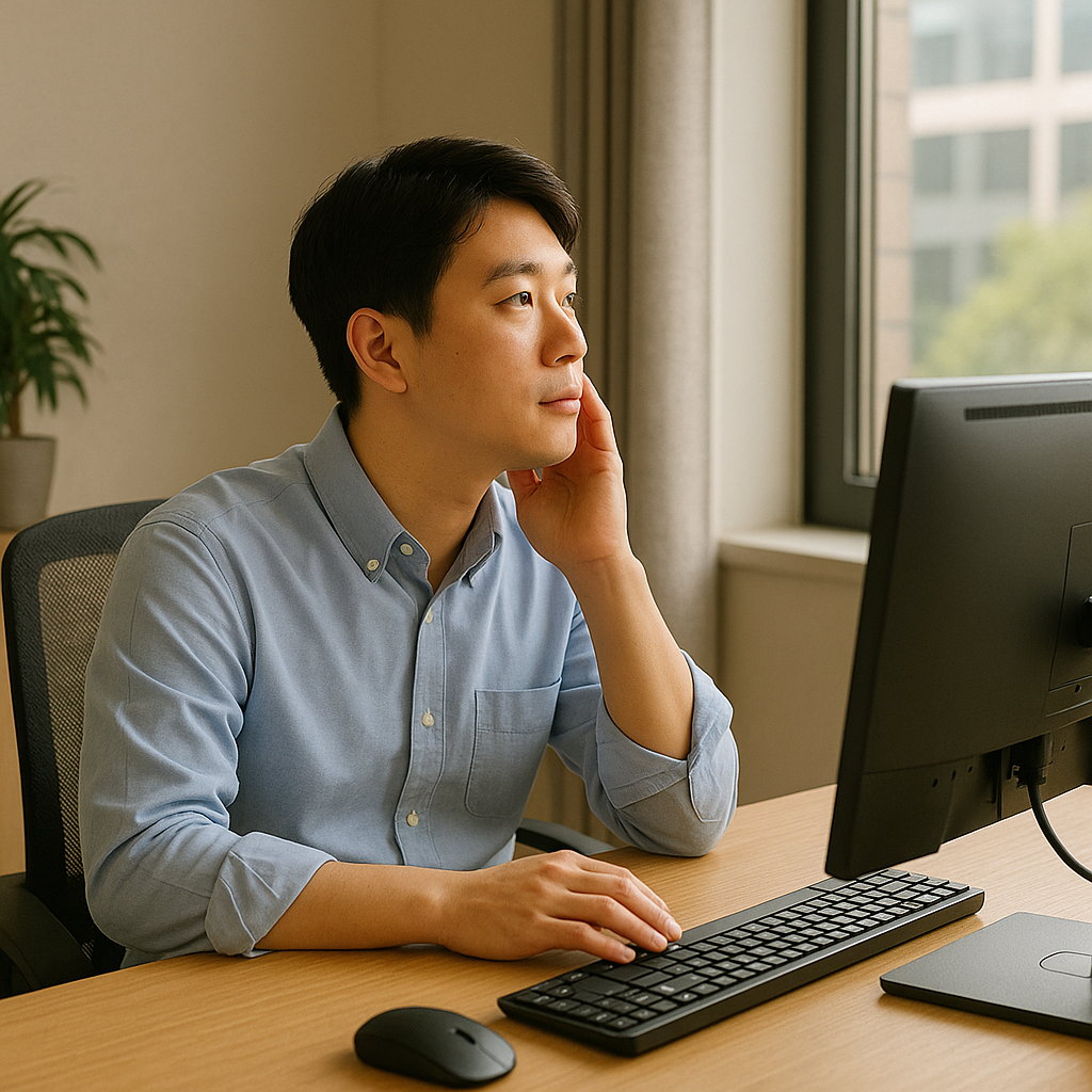 업무 중 잠시 컴퓨터 화면에서 눈을 떼고 창밖을 바라보는 직장인 모습.