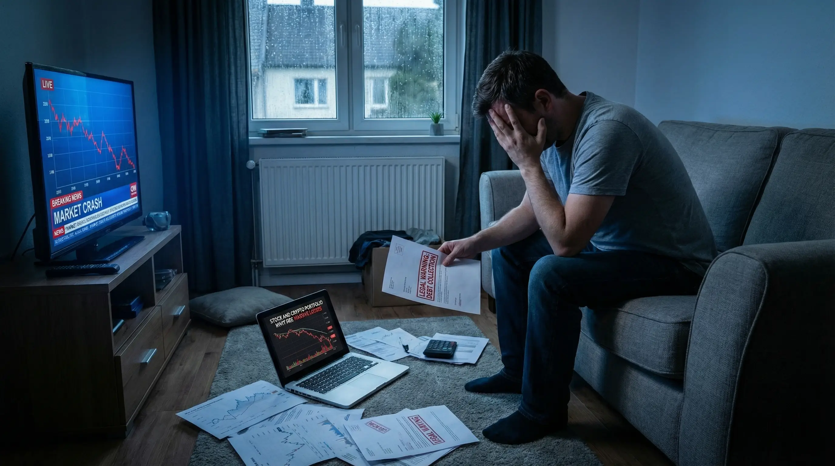 대출금을 주식이나 코인에 투자했다가 하락장을 보고 절망하며 법적 경고장을 받은 모습