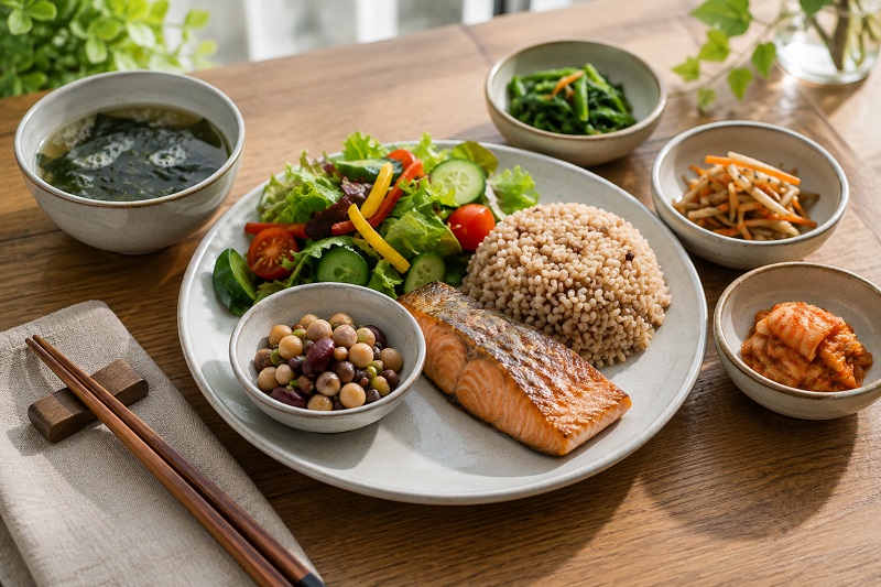 생선과 채소, 콩류, 통곡물로 구성된 식사