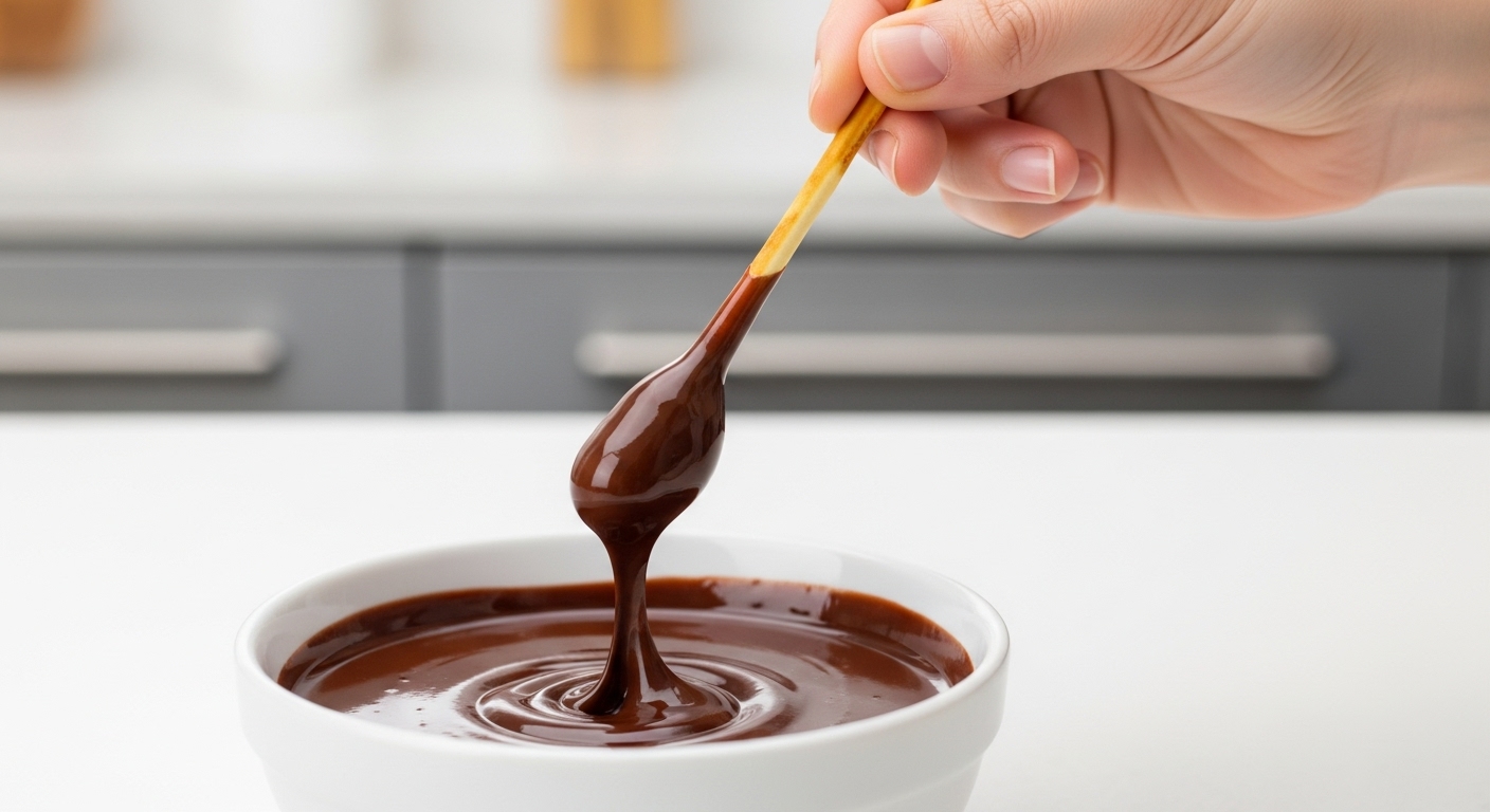 녹인 초콜릿에 빼빼로 스틱을 담가 초콜릿 코팅을 하는 손의 클로즈업 사진.