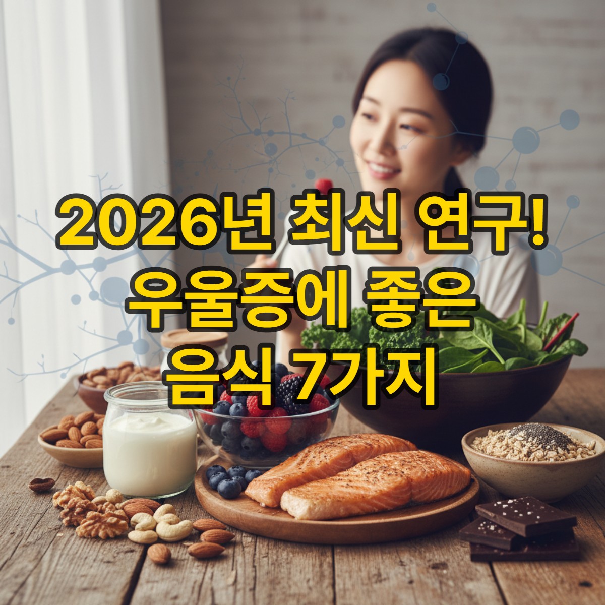 우울증 완화에 좋은 연어, 베리류, 견과류, 채소 등 신선한 음식들이 정갈하게 놓여있는 식탁 이미지