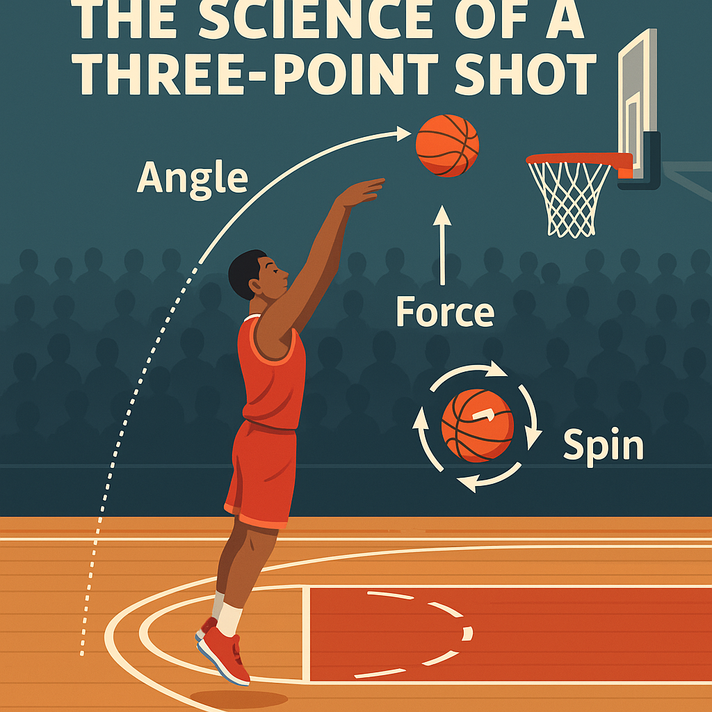 Educational infographic illustrating the science behind a three-point shot in basketball, focusing on angle, force, and spin dynamics
