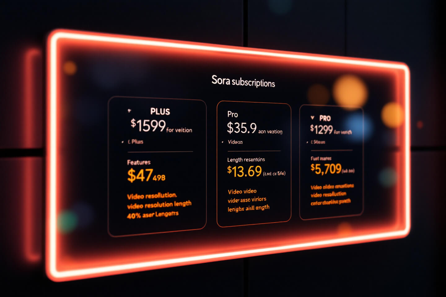 어두운 배경 위에 Sora의 구독 요금제가 디지털 화면으로 표시된 모습. 화면에는 Plus와 Pro 등 여러 요금제 옵션이 밝은 네온 색상으로 강조되어 있으며, 각 요금제의 가격과 제공 혜택이 정리되어 있다