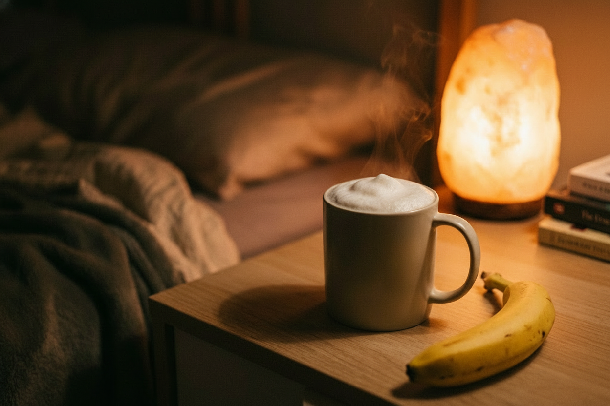 침대 옆 협탁에 놓인 따뜻한 우유 한 잔과 껍질을 깐 바나나, 뒤로 보이는 포근한 침실 배경