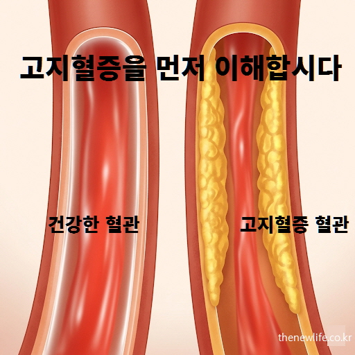 건강한 혈관과 고지혈증 혈관을 비교한 의학 일러스트, 혈관 벽에 콜레스테롤이 쌓인 모습