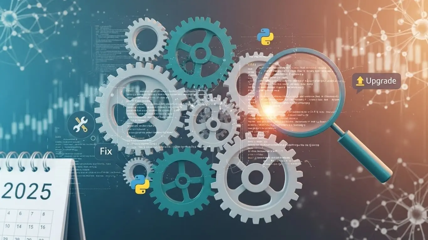 주식 앱의 지속적인 업그레이드와 버그 수정을 상징하는 시각화된 이미지.