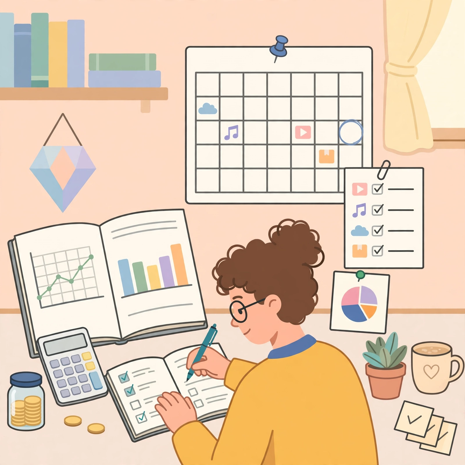 가계부와 달력으로 월 구독료를 점검하는 모습