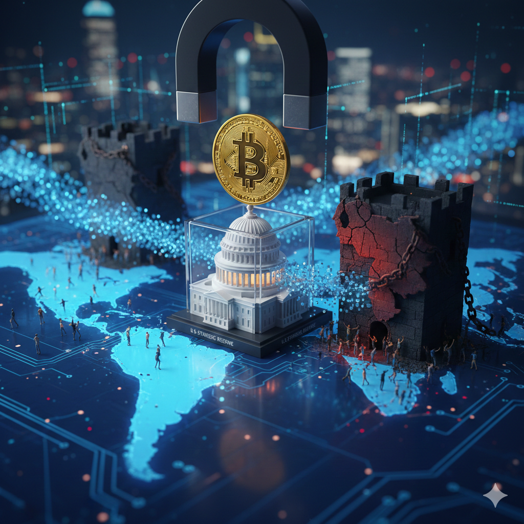 푸른빛의 디지털 세계지도 위에 미니어처로 제작된 미국 국회의사당 건물이 투명한 아크릴 케이스 안에 담겨 보호받고 있고, 그 위로 거대한 자석이 황금색 비트코인을 강력하게 끌어당기는 모습이에요. 지도 위 베네수엘라 지역에는 붉은 균열이 간 검은 성벽이 쇠사슬에 묶인 채 무너져 내리고 있으며, 그곳에서 흘러나온 디지털 입자들이 미국 국회의사당 쪽으로 빨려 들어가는 장면을 매우 사실적이고 입체적으로 묘사했어요. 테크니컬한 회로 기판 배경과 야경의 보케 효과가 어우러져 국가 간 자산 압류와 비축의 긴장감을 극대화한 실사 스타일의 이미지에요.