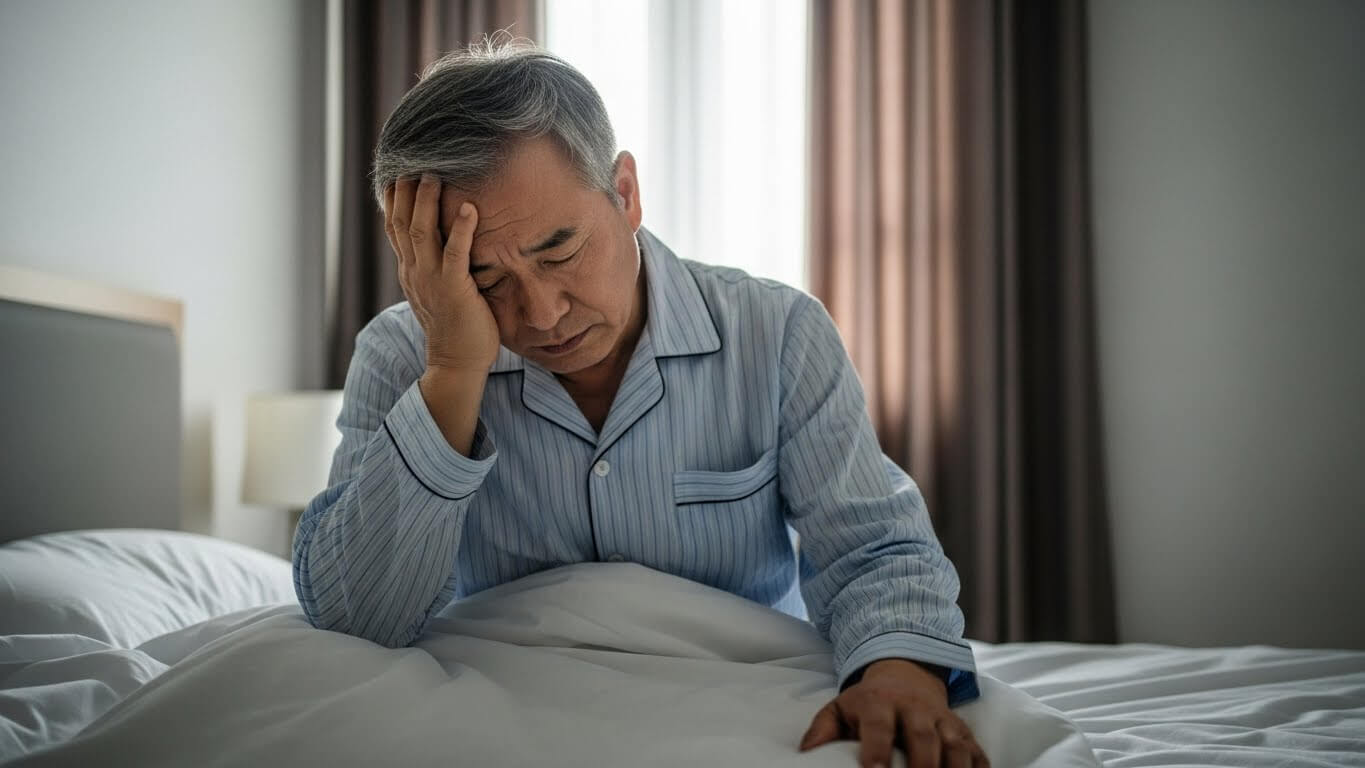 아침에 일어나서 갑자기 어지러움을 느끼는 모습