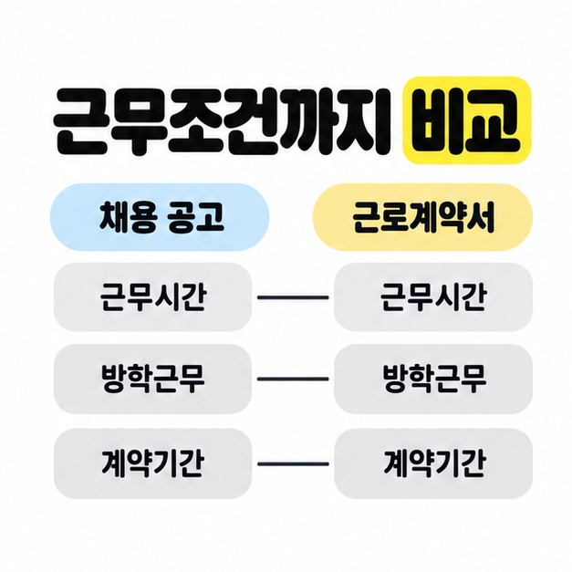 채용 공고와 근로계약서 두 열에 근무시간과 방학근무 및 계약기간을 나란히 배치하고 같은 항목을 선으로 연결한 비교 이미지