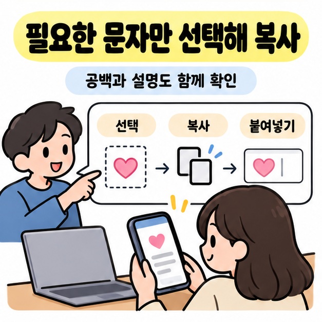 필요한 문자만 선택해 복사하라는 안내 아래 안내자가 선택과 복사 및 붙여넣기 그림을 설명하고 사용자가 휴대전화를 확인하는 모습