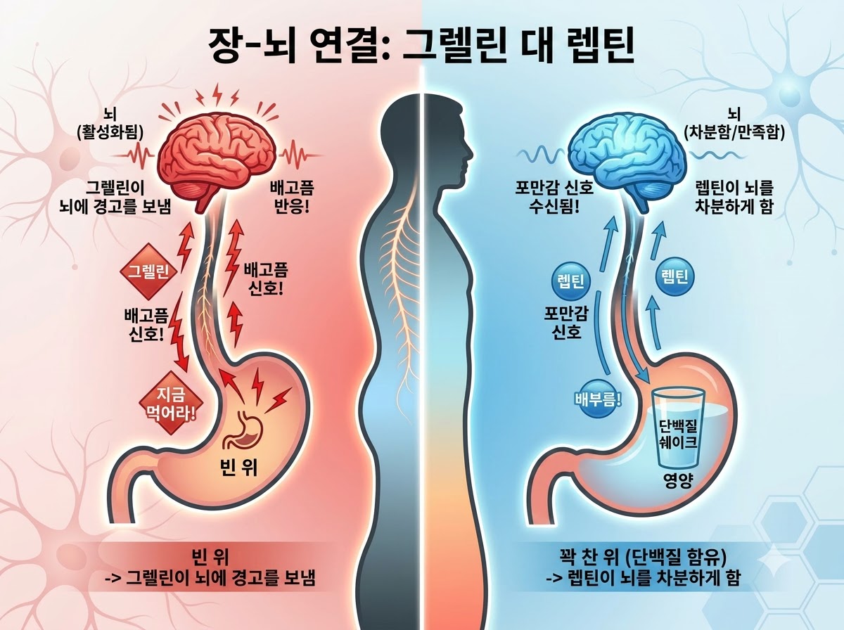 공복 유산소 직후 분비되는 식욕 촉진 호르몬 그렐린과 포만감 호르몬 렙틴의 작용 원리를 보여주는 인체 일러스트.