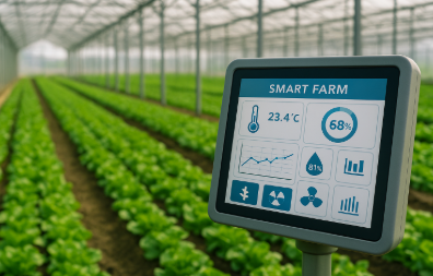 스마트팜 온실 내부에 설치된 디지털 제어판이 온도, 습도, 조도 등의 데이터를 실시간으로 표시하는 모습