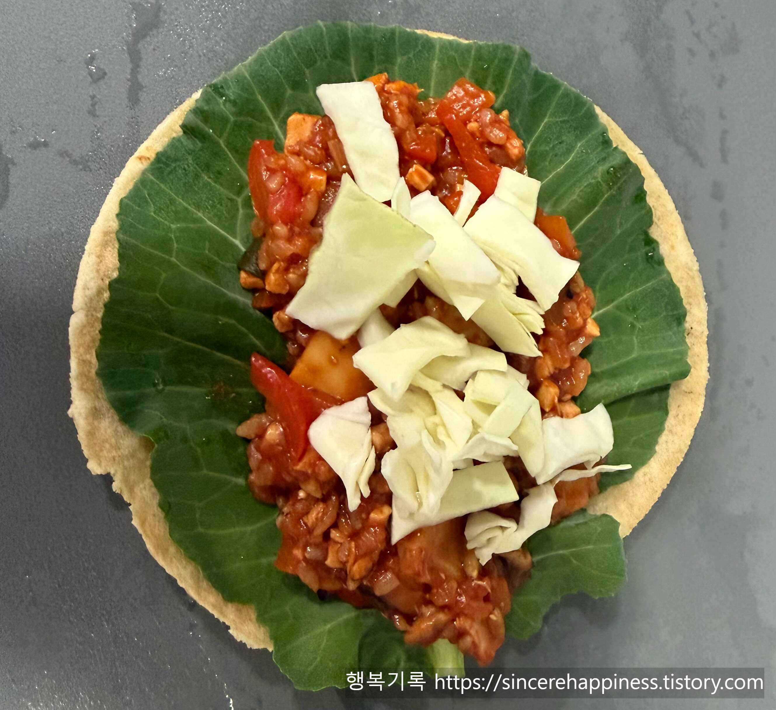 토마토 리조또 위에 식감을 더해줄 양배추를 올린 두부 또띠아 브리또