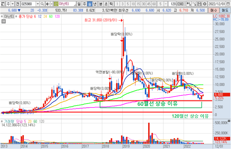 2022년 12월 29일 아난티 월봉 차트
