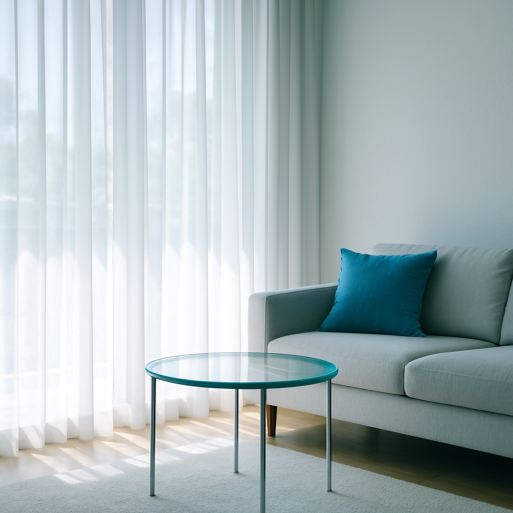 얇은 커튼 사이로 햇살이 비치고 푸른색 포인트가 있는 여름 거실 인테리어