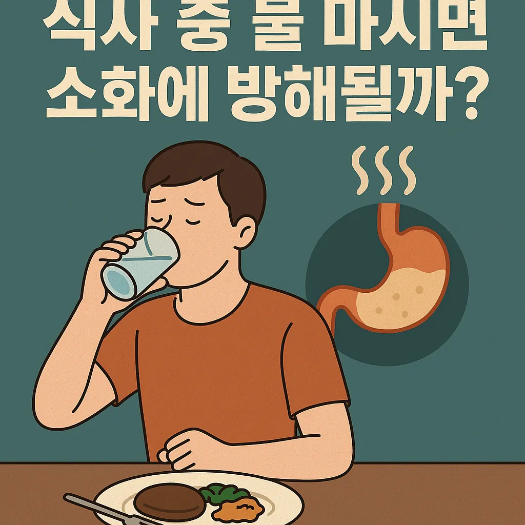 식사-중에-물을-마시는-남성과-소화를-상징하는-위-아이콘이-함께-그려진-일러스트-이미지