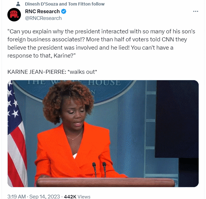 백악관 대변인, 기자가 바이든 아들 빈번한 해외교류 이유 묻자 바로 퇴장 VIDEO: KARINE JEAN-PIERRE: *walks out*