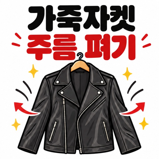 넓은 옷걸이에 걸린 가죽자켓과 부드럽게 펴지는 주름 옆에 가죽자켓 주름 펴기 문구를 크게 보여주는 대표 카드