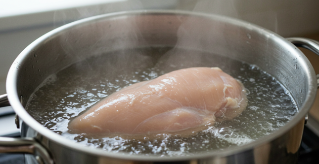 냄비에 닭가슴살이 들어가 보글보글 끓고 있는 모습