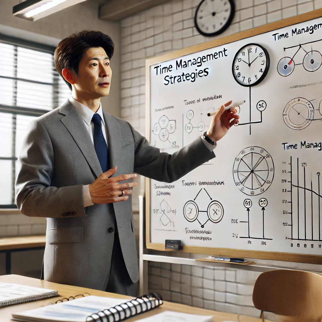 교실에서 화이트보드에 시간 관리 전략을 설명하는 중년 남성