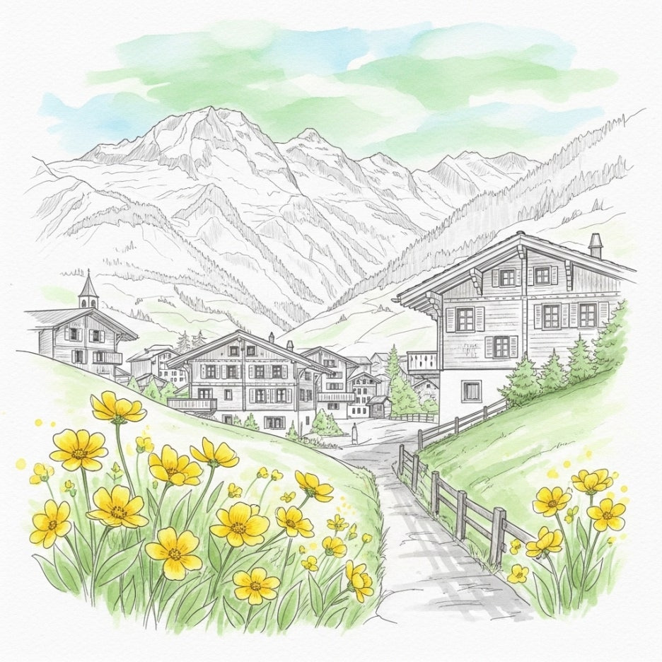 들꽃이 만개한 평화로운 스위스 산골 마을