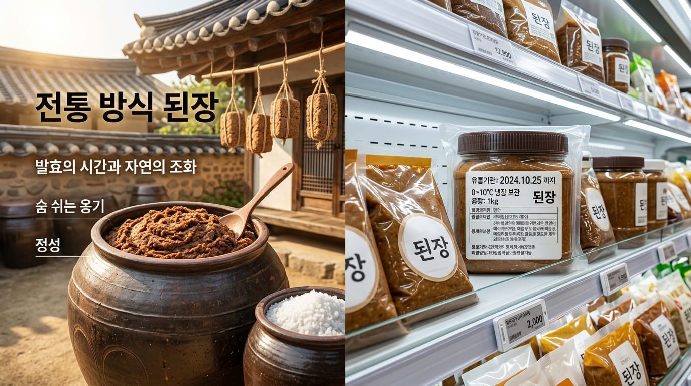 장독대의 집된장과 포장된 마트 된장을 나란히 비교한 이미지