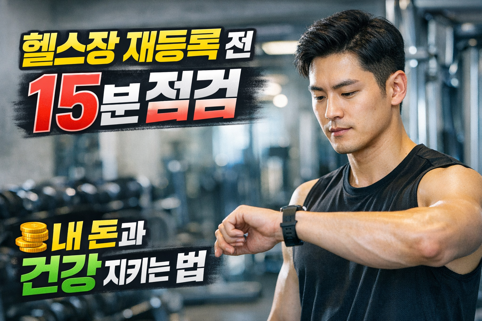 헬스장 내부에서 스마트워치를 확인하는 남성, ‘헬스장 재등록 전 15분 점검’ 문구로 시설·기구 관리 기준을 강조한 썸네일