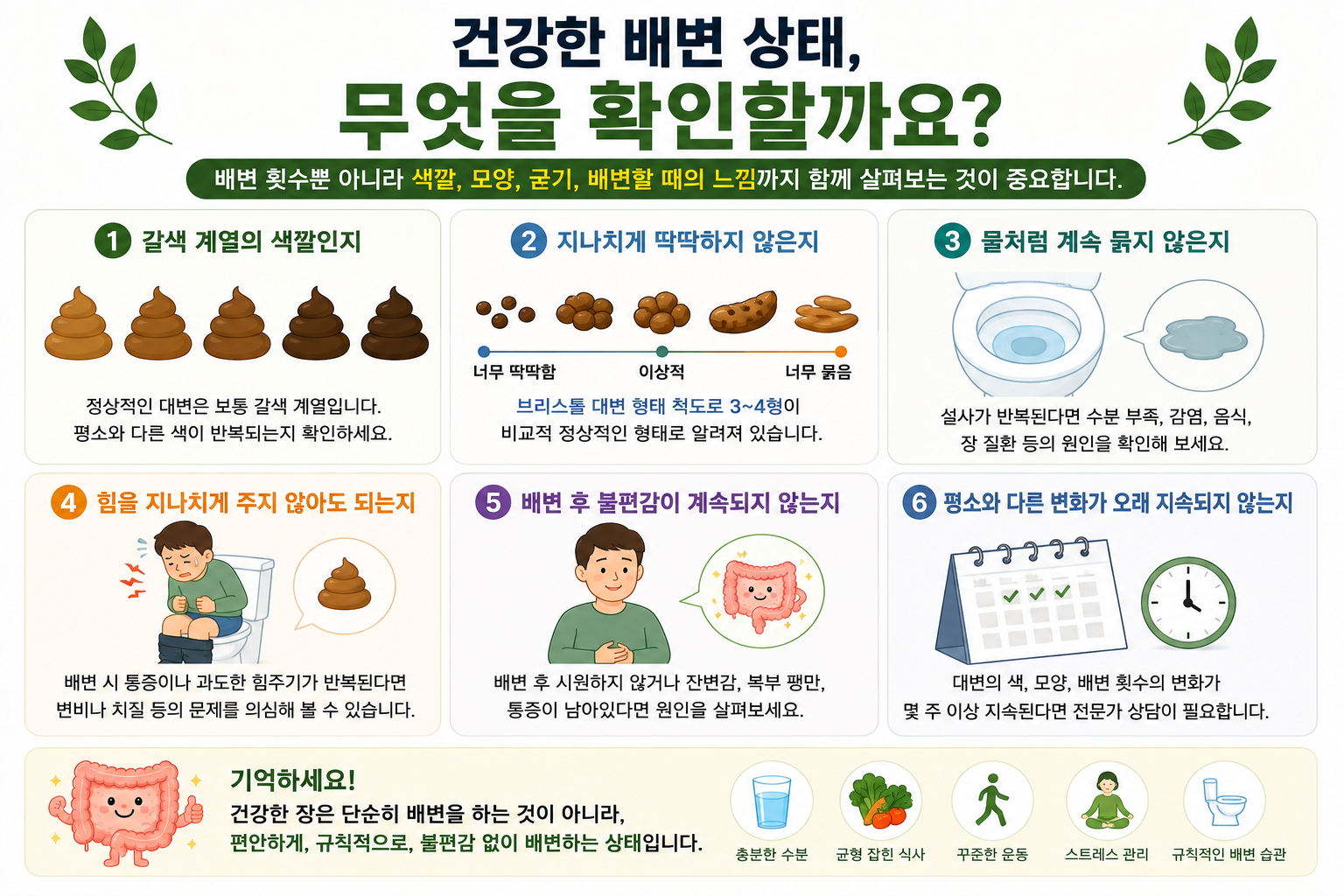 배변 상태를 관찰할 때 확인할 항목을 소개하는 그림