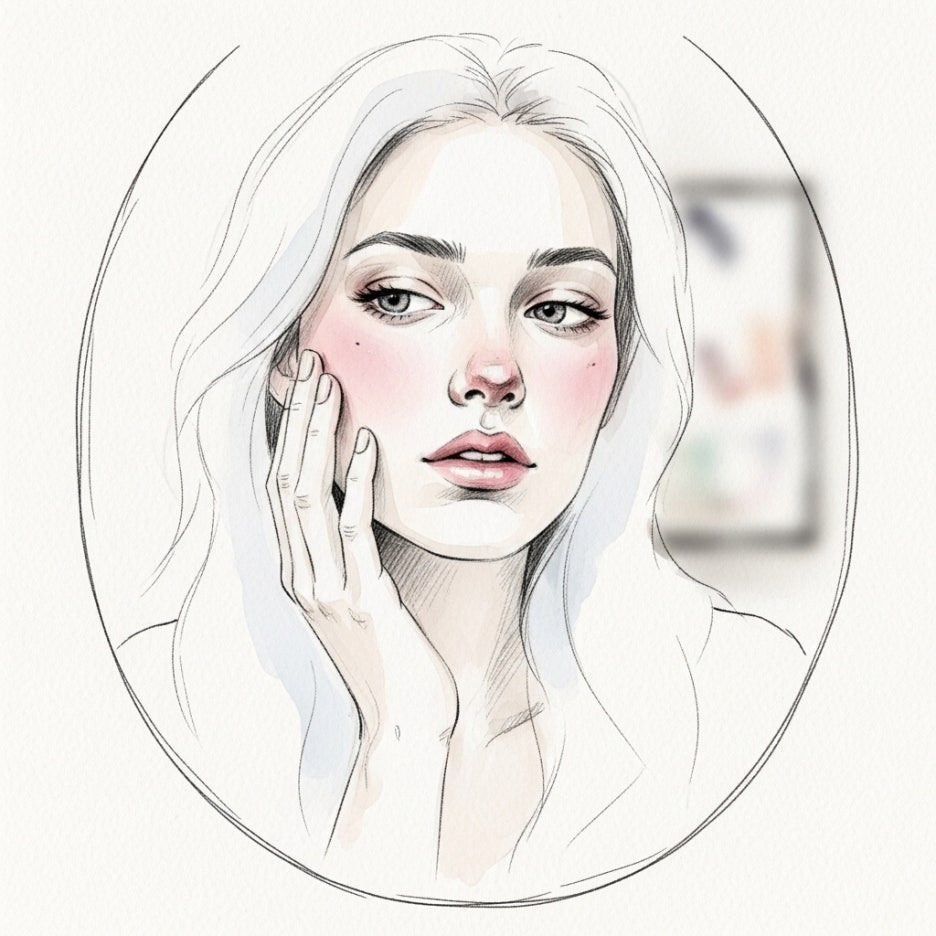 자신의 볼을 조심스럽게 살피는 인물 일러스트