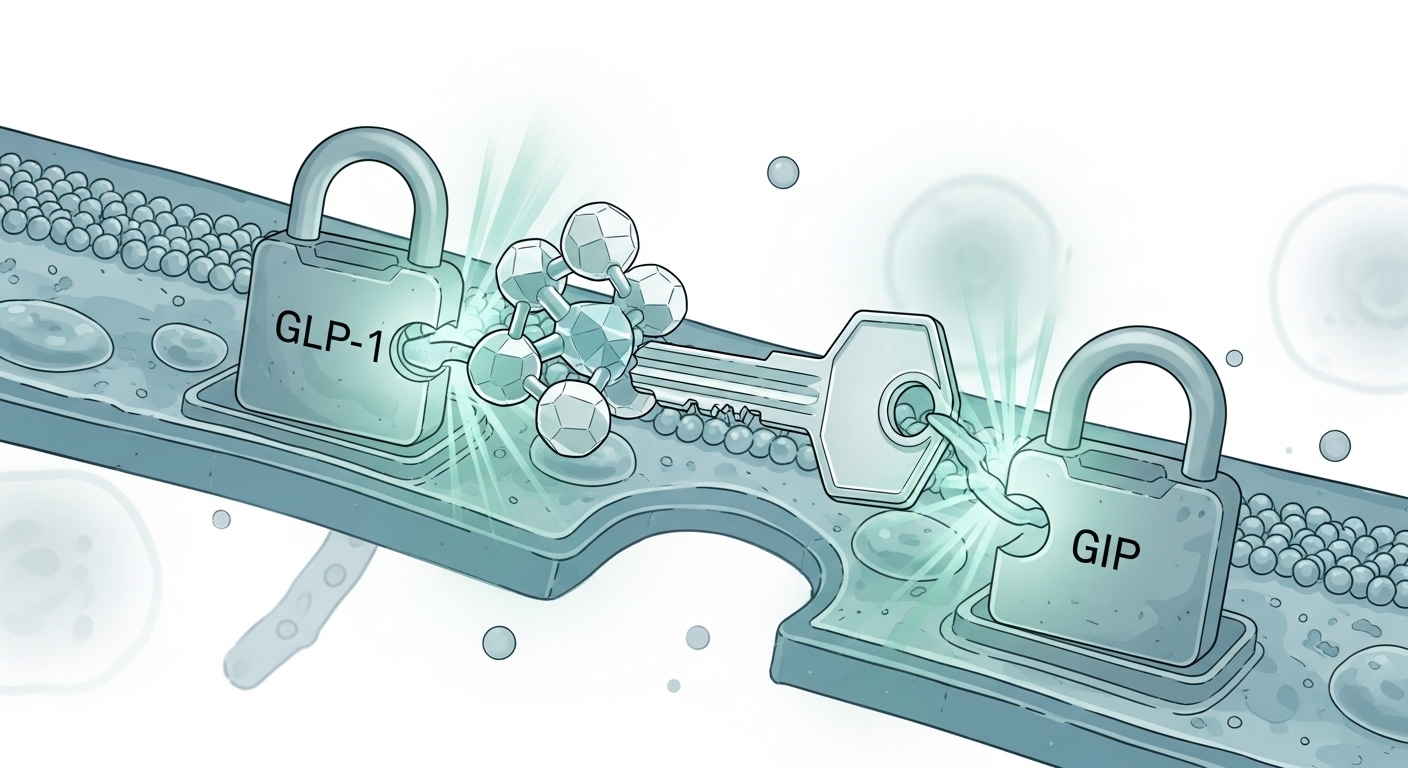 GLP-1과 GIP 수용체에 동시에 작용하는 젭바운드의 티르제파타이드 이중 작용 방식을 묘사한 의료 일러스트.