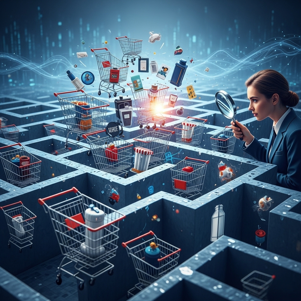 온라인 쇼핑몰 미로 속에서 짝퉁과 정품을 구별하기 위해 돋보기를 들고 현명하게 탐색하는 소비자의 모습.