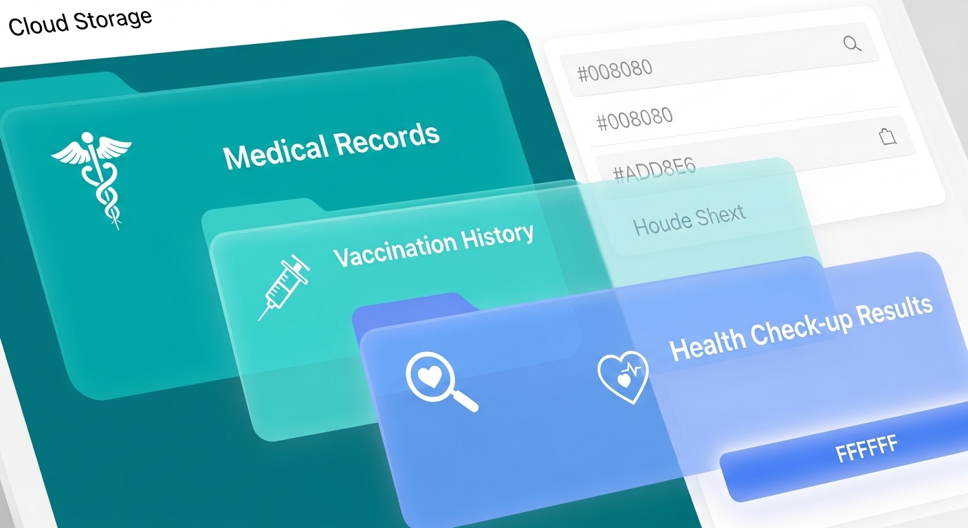 태블릿 화면에 '의료 기록', '예방 접종 내역' 등의 폴더가 보이는 웹하드 인터페이스, 개인 건강 기록을 디지털로 관리하는 모습을 상징하는 이미지