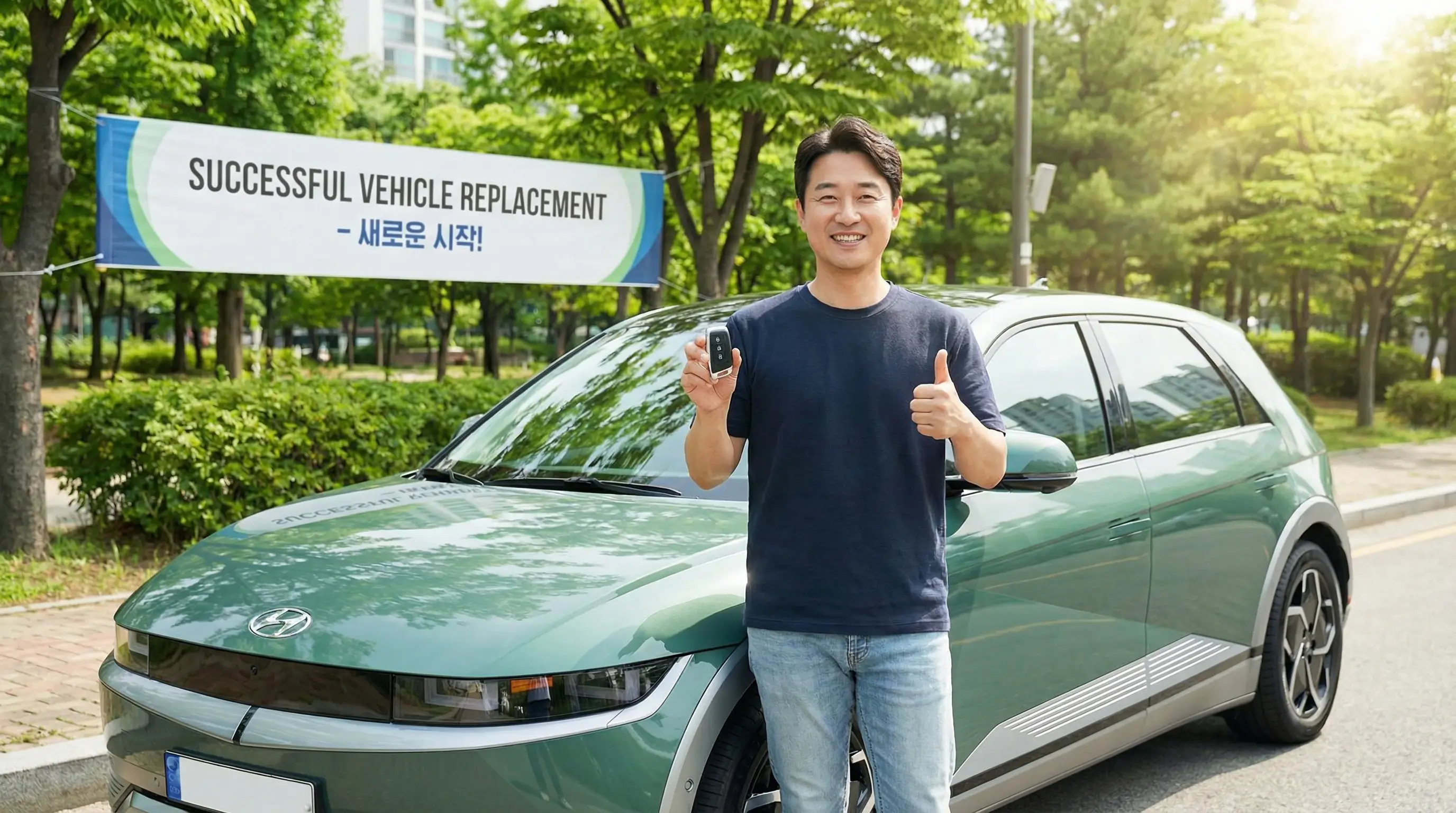 새로운 친환경차 옆에서 차 키를 들고 엄지를 치켜세우며 만족해하는 운전자의 모습, 성공적인 차량 교체 이미지
