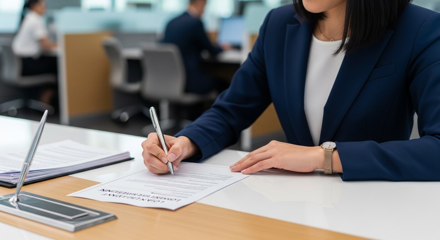 은행 창구에서 대출 관련 서류에 서명하는 여성