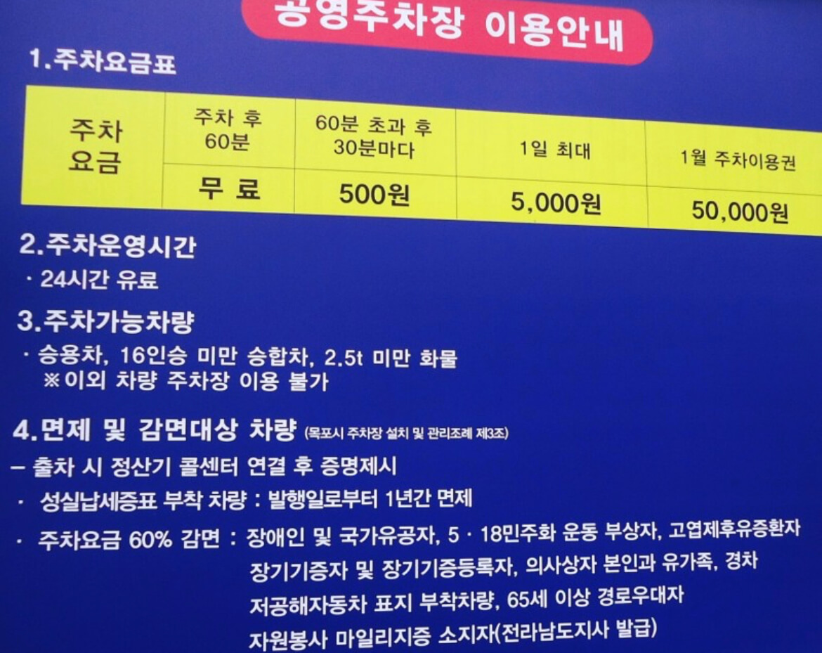 목포시공영주차장 요금표