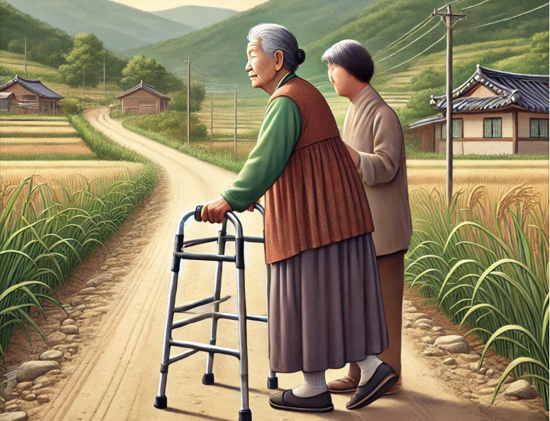 보조기구로 힘겹게 보행하시는 어르신 이미지