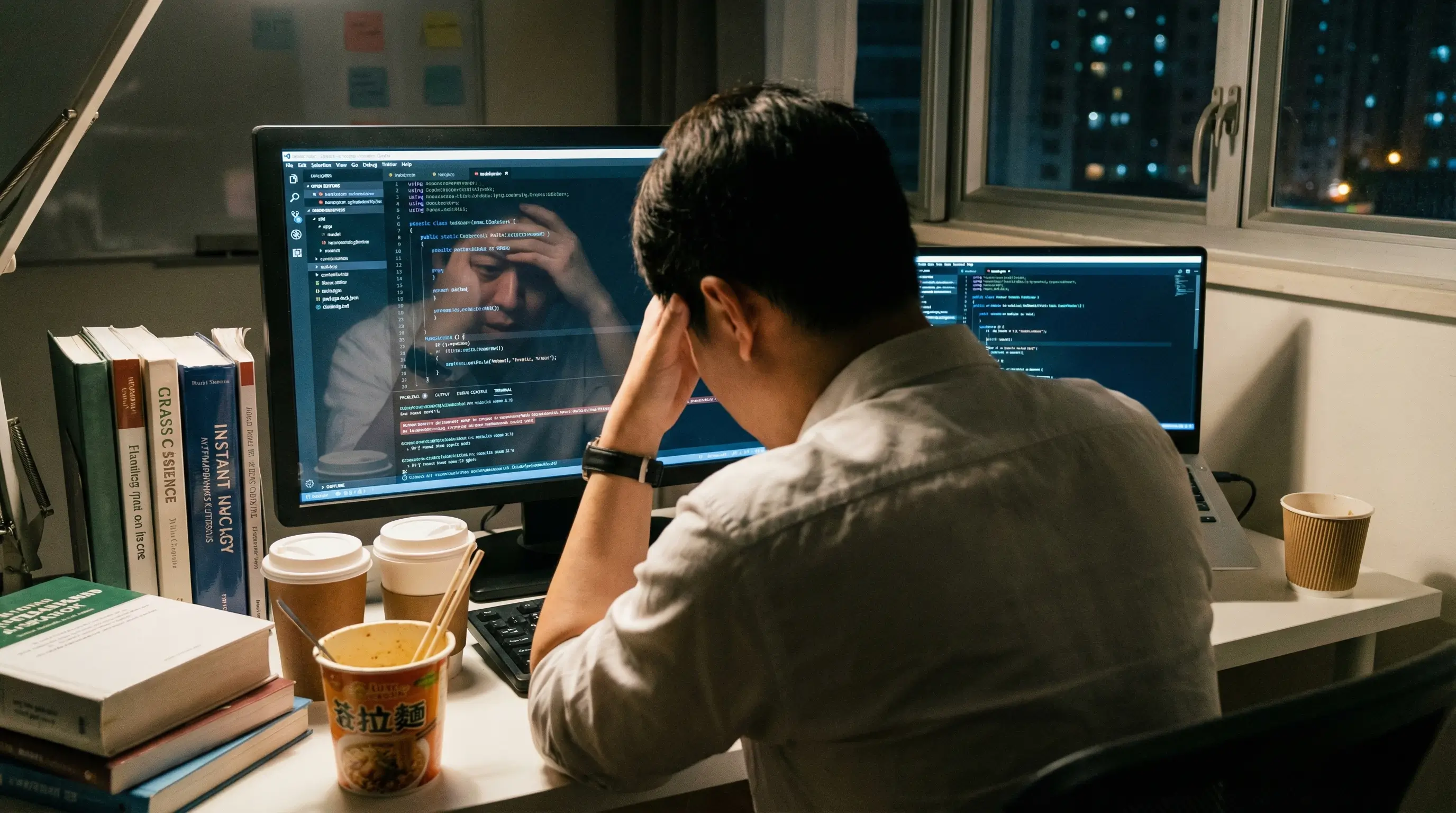 밤늦게까지 모니터를 보며 코딩 공부를 하고 있는 취업 준비생의 뒷모습과 고민하는 표정