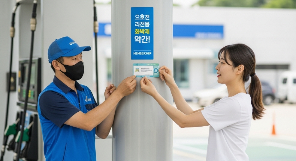 주유소 직원이 가맹 스티커를 붙이고 있는 장면