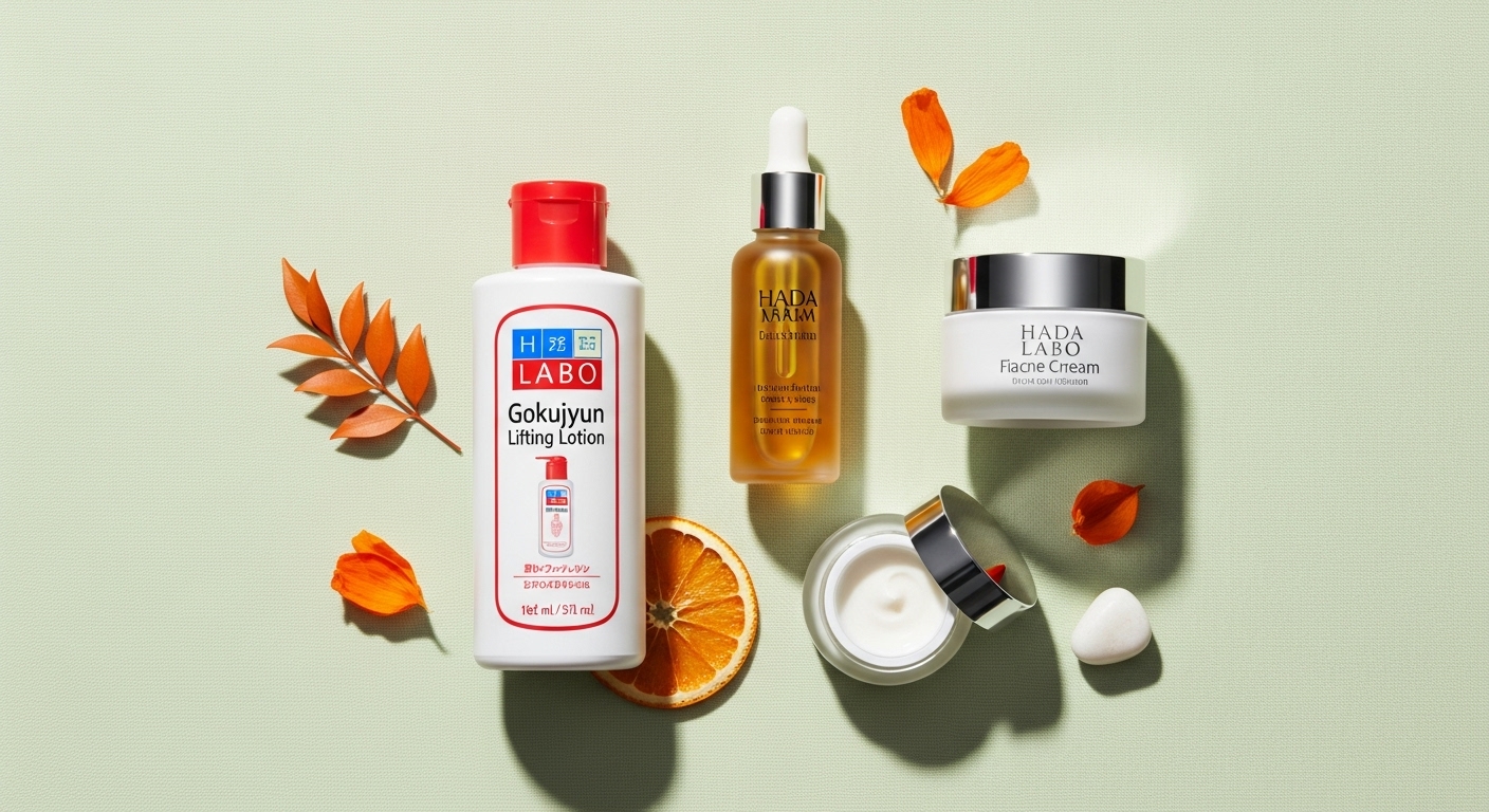 하다라보 리프팅 로션과 함께 배치된 세럼, 크림 등 다양한 스킨케어 제품.