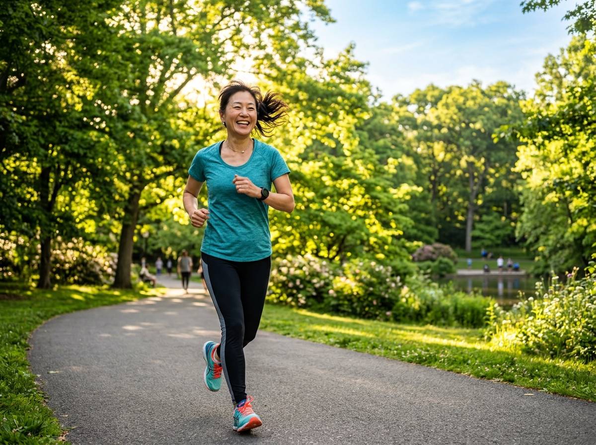 공원에서 가볍게 조깅을 하며 밝게 웃는 중년 여성, 상쾌한 아침 햇살과 초록색 나무들