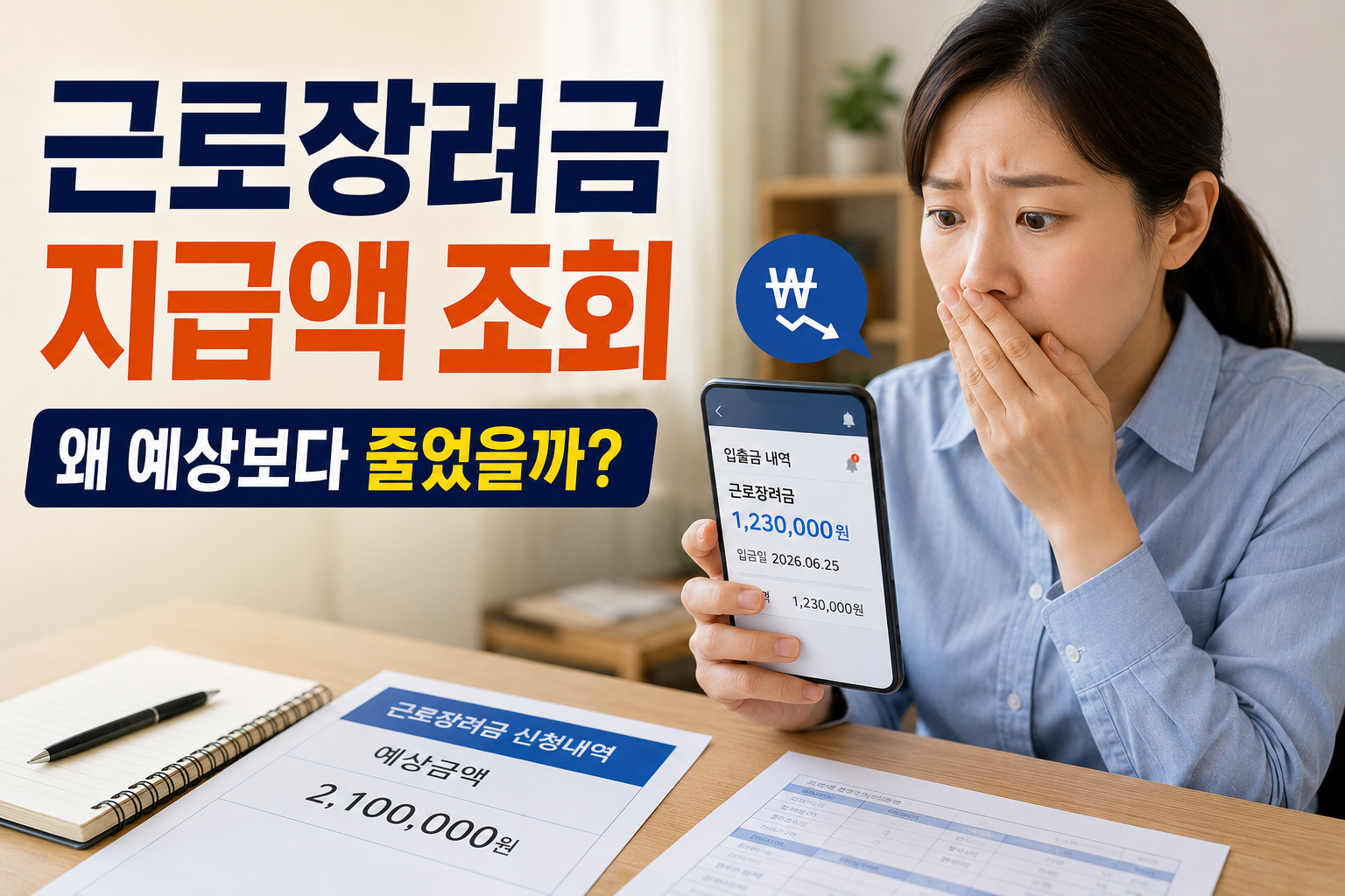 급여명세서와 은행 앱 금액을 비교하며 예상보다 적은 입금액을 확인하는 여성 직장인