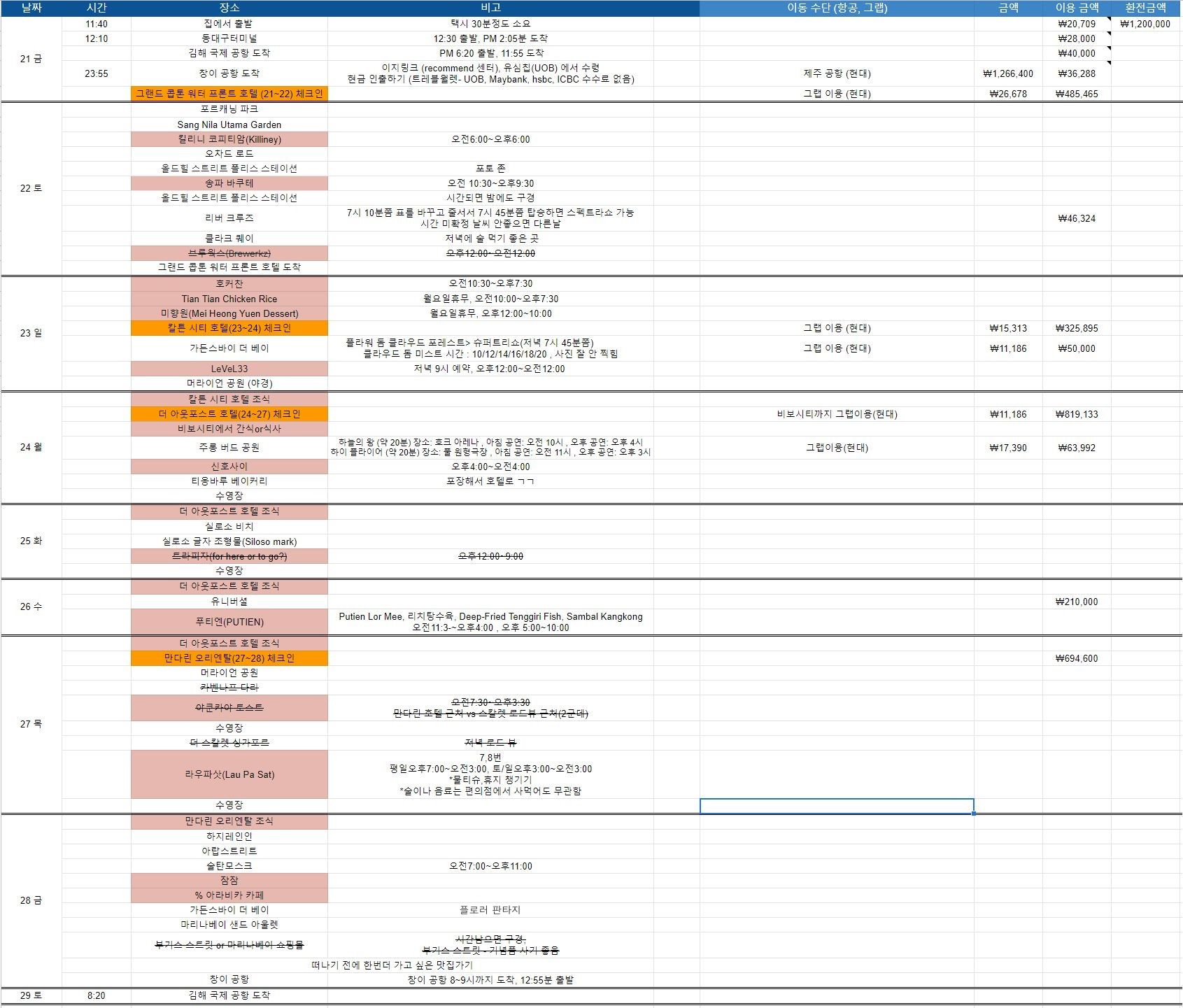 싱가포르 일정표