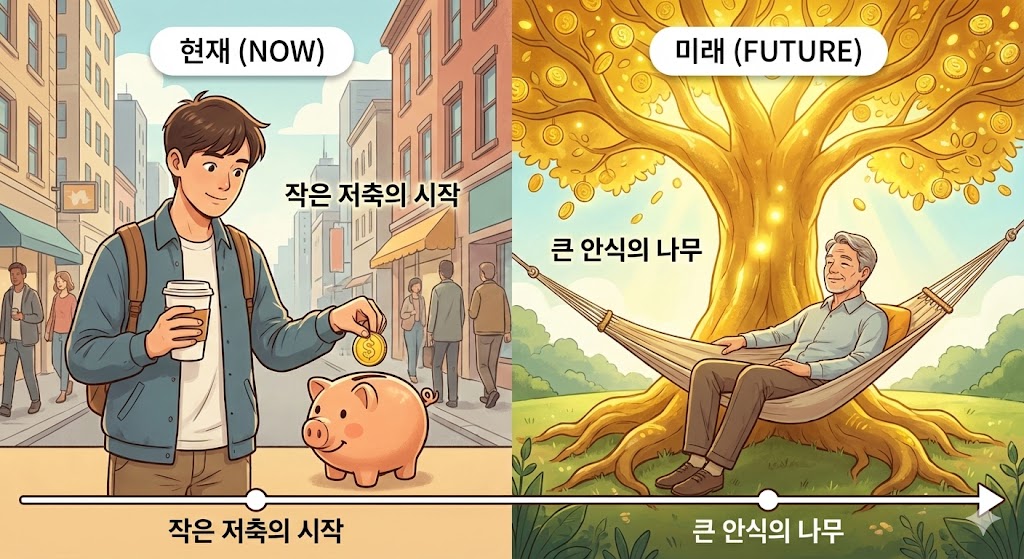 현재의 내가 커피 대신 동전을 저금통(연금계좌)에 넣자, 그 돈이 시간을 타고 흘러가 65세의 나에게 거대한 황금 나무 그늘(월 300만 원)이 되어주는 감동적인 모습