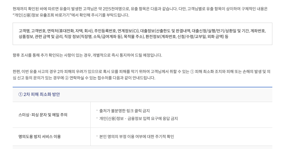 신한은행 공지의 2차 피해 최소화 방안, 스미싱&middot;피싱 주의와 명의도용 방지 서비스, 고객상담센터 1544-2946