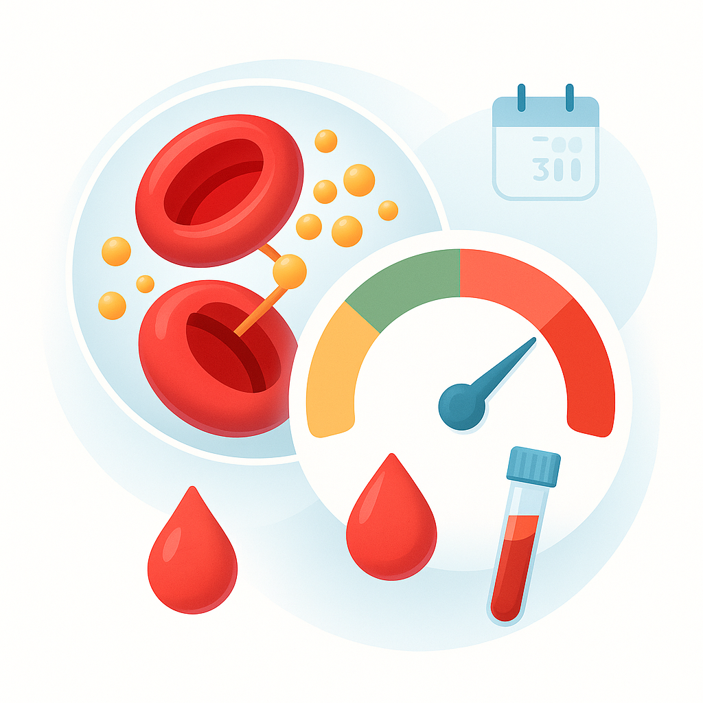 당화혈색소(HbA1c) 개념 일러스트: 적혈구와 포도당 결합(당화), 색상 구간 HbA1c 게이지, 채혈 튜브와 달력 아이콘으로 3개월 평균 혈당 의미를 표현