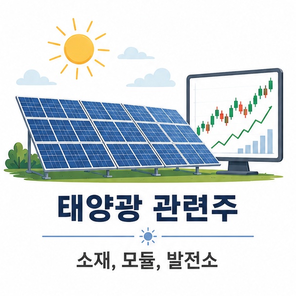 햇빛을 받는 태양광 패널과 주식 차트를 함께 배치해 소재와 모듈, 발전사업을 포함하는 태양광 관련주의 의미를 보여 주는 그림