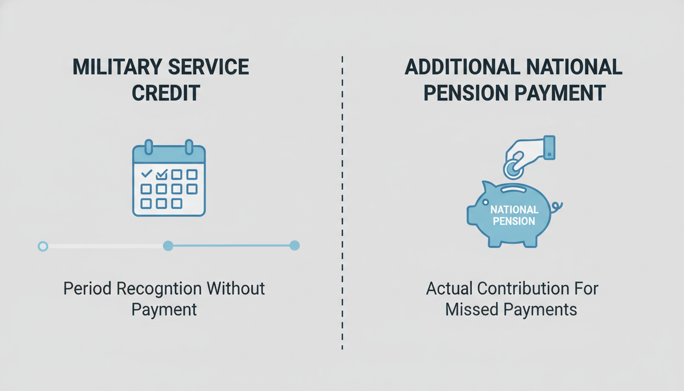 군복무 크레딧(가입 기간 인정)과 추납(보험료 납부)의 차이를 명확하게 보여주는 비유적인 인포그래픽 이미지.