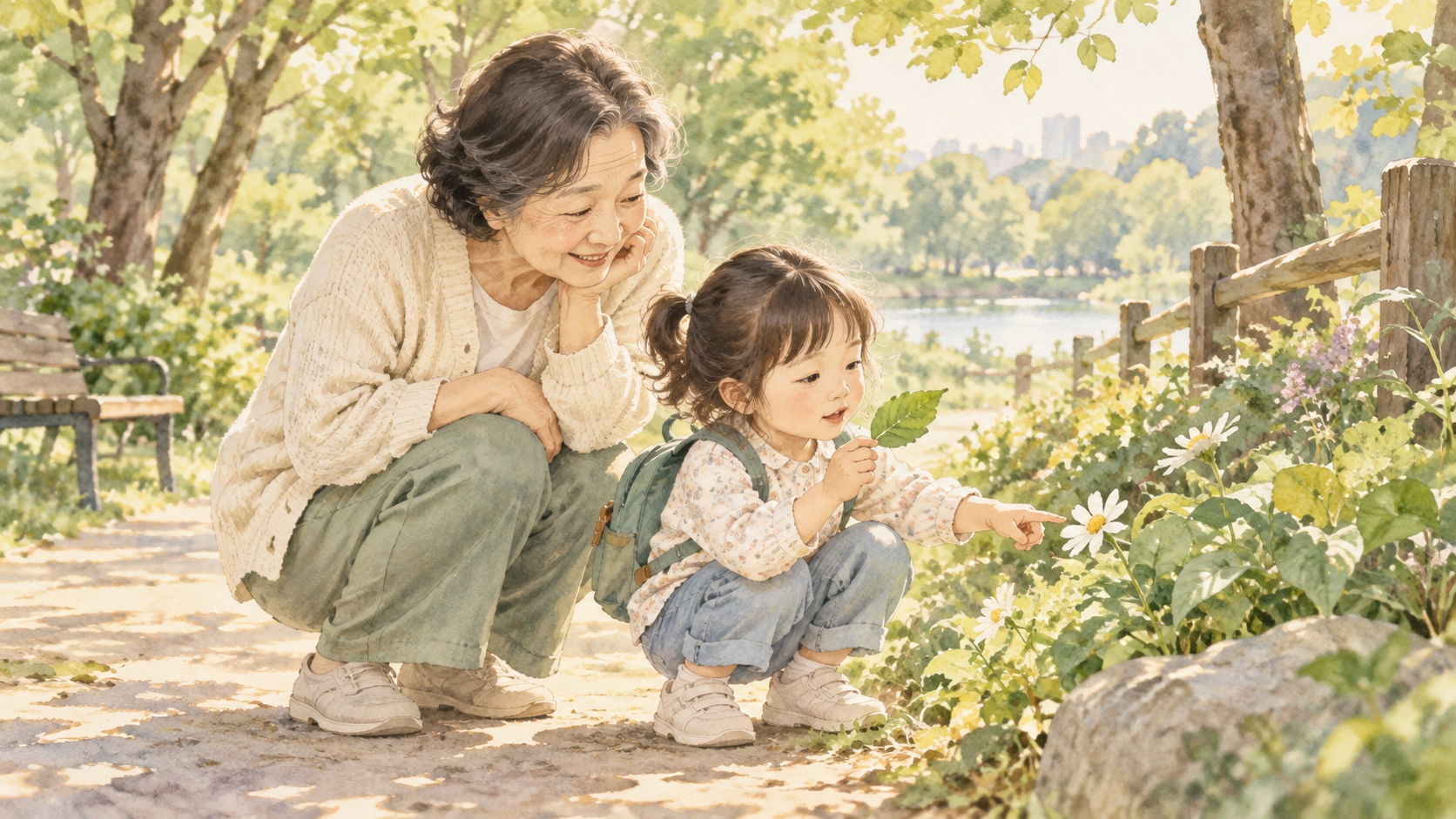 할머니와 아이가 산책하며 자연을 살펴보는 AI 일러스트