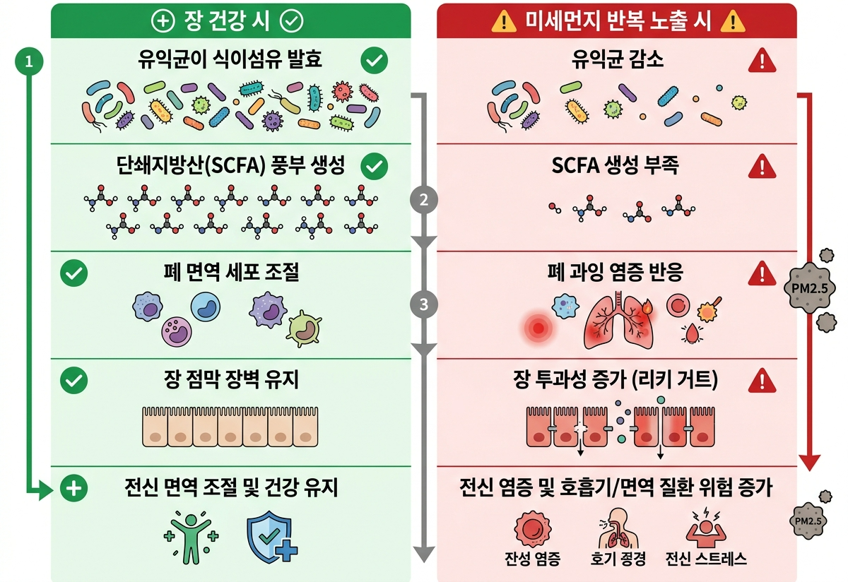 장폐축 단계, SCFA 미세먼지, 리키거트 PM2.5, 미세먼지 만성염증, 장건강 폐건강 연결